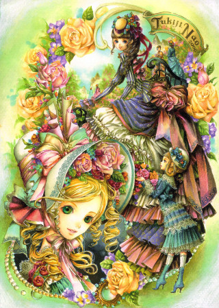 Girl flowers hat cat painting - her back free wallpaper