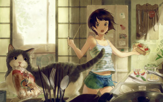 Girl knife cat kitchen counter - atey ghailan free wallpaper