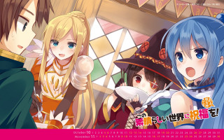 Anime characters group pink background 9 - a pink border free wallpaper