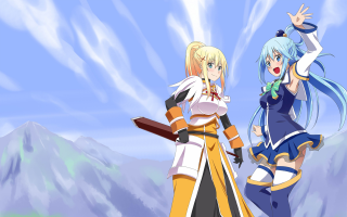 Anime characters mountain range clouds - the background free wallpaper