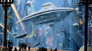 Futuristic city large ship people - matte painting concept art free wallpaper