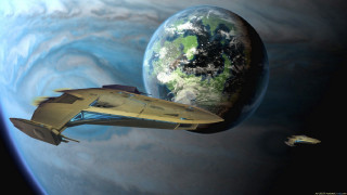 Spaceship flying over planet space 3 - over a planet in space free wallpaper