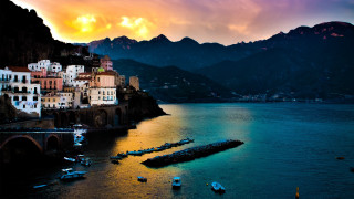 Sunset small town lake boats 2 - the water and mountains free wallpaper