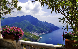 Balcony mountain water flowers view - a balcony free wallpaper