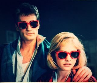 Red sunglasses jacket plaid woodcut - a woodcut free wallpaper