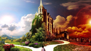 Woman walking path castle sky 3 - a castle in the sky free wallpaper