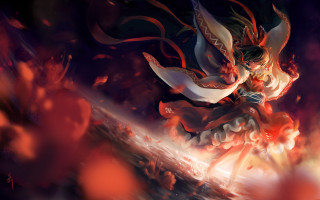 Woman red dress flying sword 2 - a red dress free wallpaper for desktop