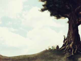 Man under tree hill fantasy - matte fantasy painting free wallpaper