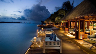 Dock chairs tables night ocean 2 - luxury free wallpaper