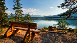 Bench lake mountains blue sky 4 - bob thompson free wallpaper