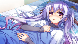 Purple hair girl laying bed - the wind free wallpaper