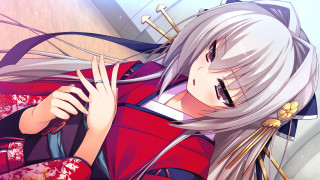 Woman white hair red kimono - a red jacket free wallpaper
