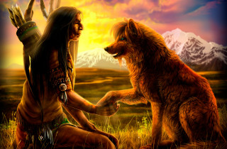 Native american man wolf field - storybook illustration free wallpaper