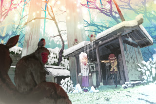 Person cabin snow deer standing - a cabin free wallpaper