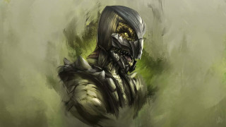 Hooded creature green black painting - a painting of a creature free wallpaper