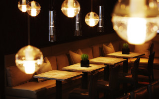 Restaurant long table chairs plants - delaunay free wallpaper