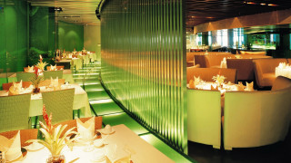 Restaurant green walls tables chairs - art deco free wallpaper