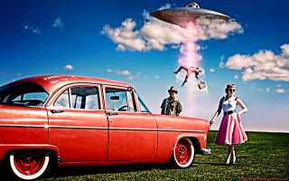Woman red car field alien - surreal photography free wallpaper
