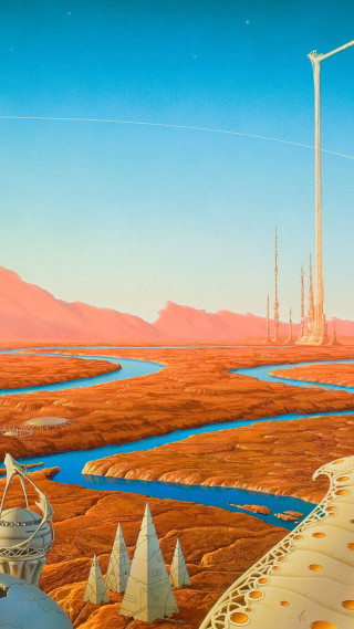 Landscape river rocket ship city - retrofuturism free wallpaper