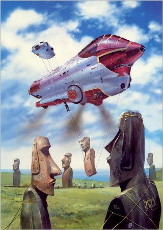 Kite flying people field statues - free sci-fi wallpaper