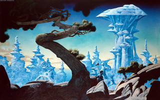 Tree mountain sky blue background - matte fantasy painting free wallpaper