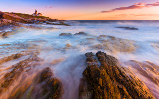 Lighthouse rocky shore water pink - mystical free wallpaper