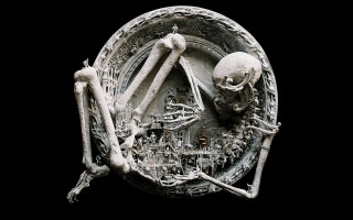 Skeleton plate surrealist clock gears - dave mckean free wallpaper