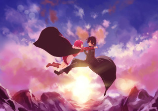 Girl flying sword man holding 2 - her hand and a man holding free wallpaper