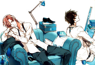 Couple sitting blue couch white - a blue chair free wallpaper