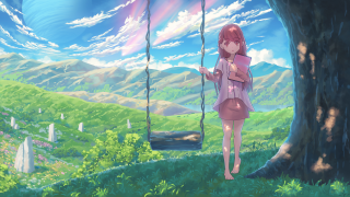 Girl pink dress swing green - a green field free wallpaper
