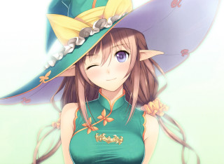 Green dress green hat yellow - a blue umbrella free wallpaper