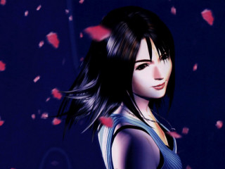 Woman blue dress purple leaves - final free wallpaper