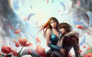 Angelic couple bench flower field - bird free wallpaper for desktop