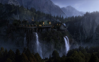 Castle cliff waterfall forest night - a castle free wallpaper
