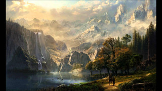 Mountain lake path man vacher - a painting of a mountain scene free wallpaper