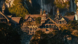 Castle steeple waterfall trees rocks - scene free wallpaper