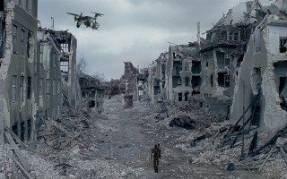 Man destroyed city street plane - matte painting concept art free wallpaper