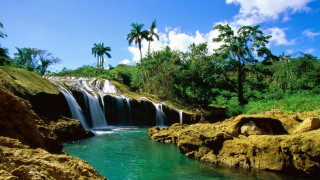 Waterfall forest lake mountain beach - free nature wallpaper