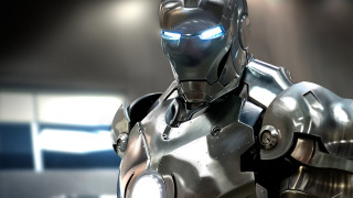 Robot glowing eyes lit room - half robot free wallpaper