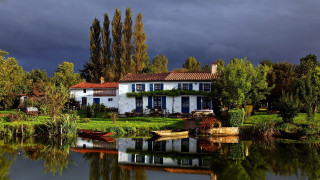 House boat lake trees dark - de hirsh margule free wallpaper