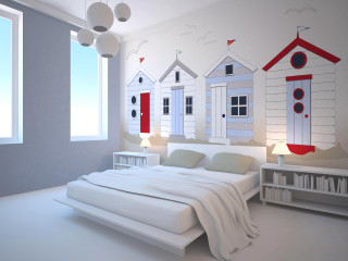 Bedroom wall mural houses window - a view free wallpaper