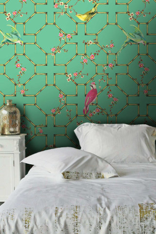 Bed white comforter green wallpaper - bird free wallpaper