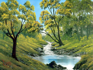 Stream forest trees grass rock - an oil free wallpaper
