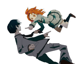 Man suit woman suit flying - their hand together free wallpaper