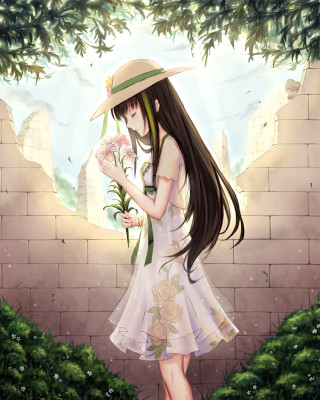 Girl dress hat flower brick - a brick wall behind her free wallpaper