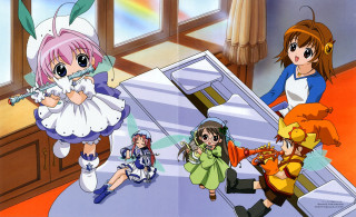 Anime girls table rainbow background - a group of anime girls free wallpaper