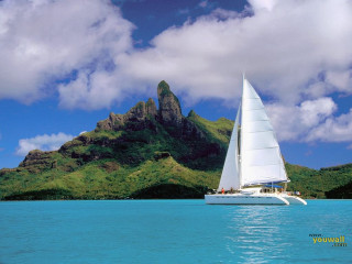 Sailboat mountains ocean clouds scenery - florianne becker free wallpaper