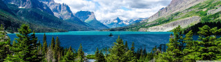 Lake mountains trees boat water 3 - a cloudy sky above free wallpaper
