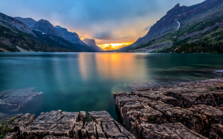 Lake mountains forest sunset cloudy - alson s. clark free wallpaper