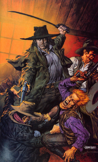 Group people guns hats painting - western free wallpaper